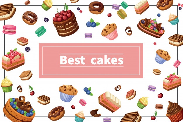 Cartoon sweets colorful composition with cakes pie slices donuts muffins cupcakes macaroons berries and nuts in frame Free Vector