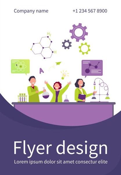 Cheerful kids learning in chemistry class flat flyer template Free Vector
