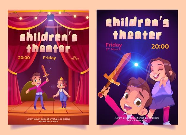 Children theater poster with kids play performance Free Vector