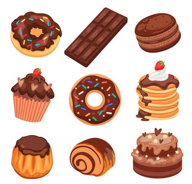 Chocolate desserts, sweet food set. illustrations of choco delicious products in cafe menu Free Vector