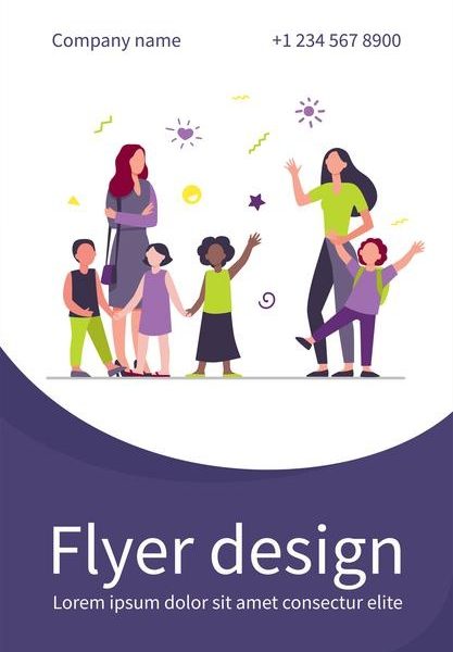 Classmates meeting at school. mom leading son, group of school children with teacher flat illustration. flyer template Free Vector