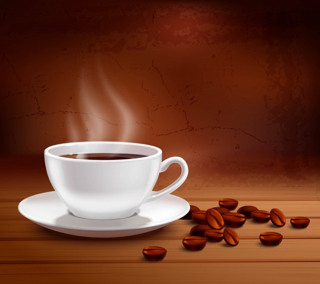 Coffee poster with realistic white porcelain cup on textured background Free Vector