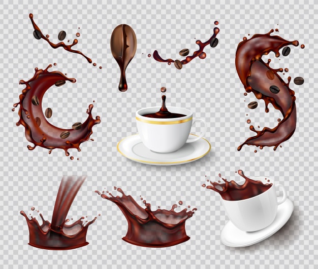 Coffee splashes realistic set of isolated liquid spray coffee bean and ceramic cups on transparent Free Vector