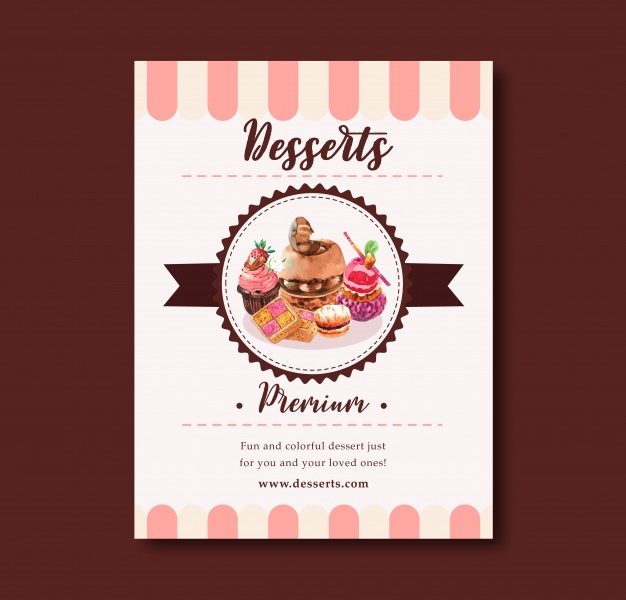 Dessert flyer design with chocolate cake, cookie, cupcake, custard cream watercolor illustration. Free Vector