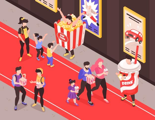 Fastfood promoters in snacks and soft drinks costumes approaching customers on red carpet isometric composition illustration Free Vector