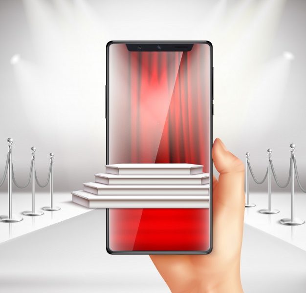 Full screen smartphone displays red carpet award ceremony preparation with augmented reality app realistic composition Free Vector