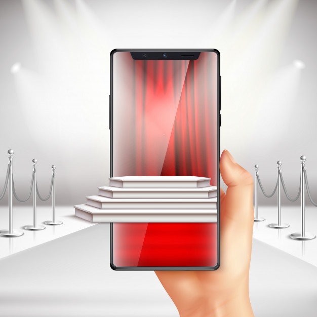 Full Screen Smartphone Displays Red Carpet Award Ceremony Preparation With Augmented Reality App Realistic Composition 1284 31970