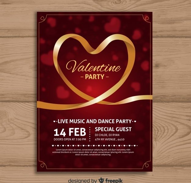 Golden ribbon valentine party poster Free Vector