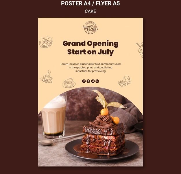 Grand opening cake factory poster template Free Psd