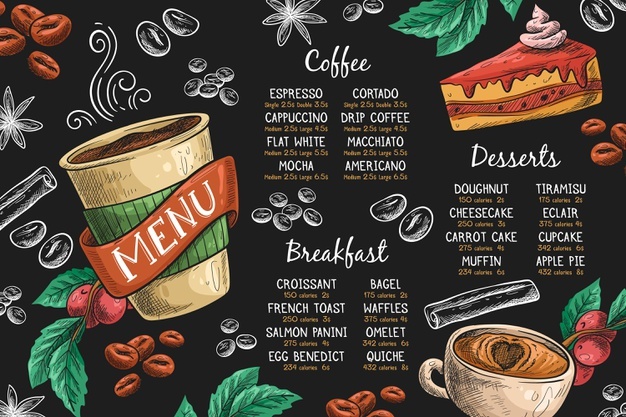 Horizontal menu template with coffee and dessert Free Vector