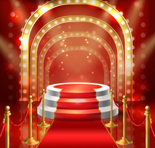 Illustration podium for show with red carpet. stage with lamp illumination for stand up Free Vector