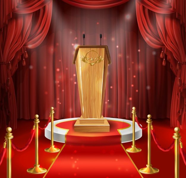 Illustration with wooden tribune with microphones, podium, red curtains and carpet. Free Vector