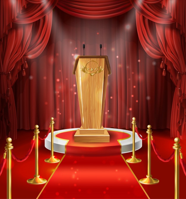 Illustration With Wooden Tribune With Microphones Podium Red Curtains Carpet 1441 1876