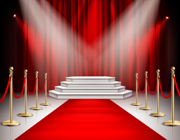 Red carpet celebrities event realistic composition with white stairs podium spotlights carmine satin curtain background illustration Free Vector