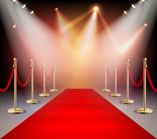 Red carpet celebrities event realistic composition with spotlights illustration Free Vector