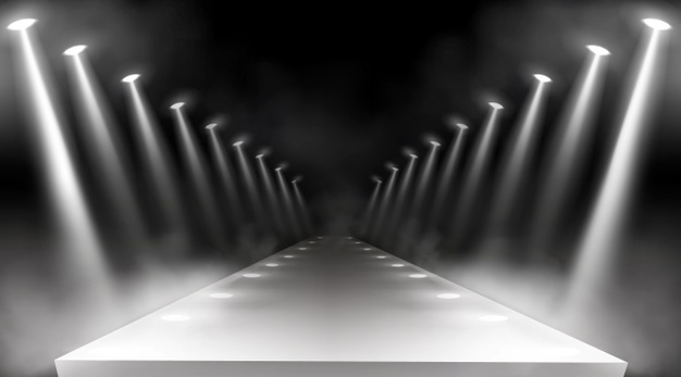 Spotlights Background Glowing Stage Lights White Beams Red Carpet Award Gala Concert Empty Illuminated Way Presentation Runway With Lamp Rays With Smoke Show Realistic 3d Vector 107791 4350