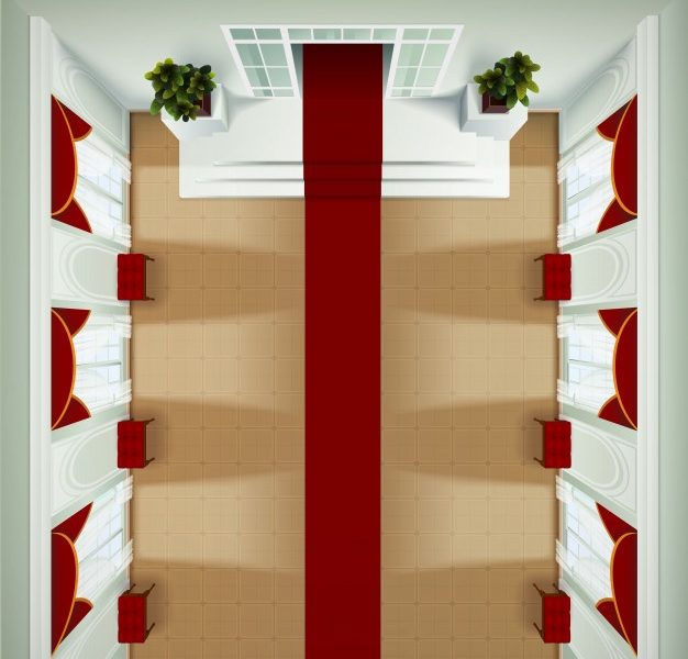 Top view of theater club or hotel foyer interior with red carpet banquette Free Vector