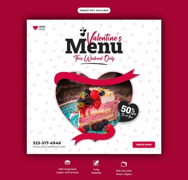 Valentine food menu and restaurant social media banner template Free Psd