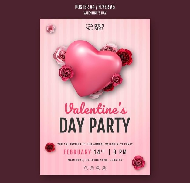 Vertical poster template for valentine’s day with heart and red roses Free Psd