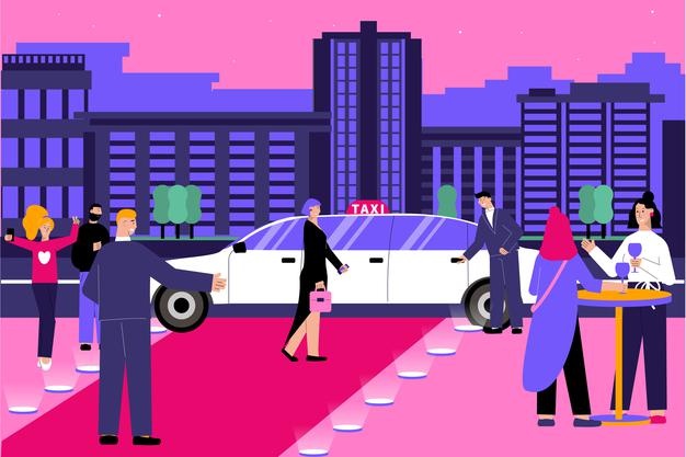 Vip Taxi Flat Composition With Evening Cityscape Scenery Red Carpet With Human Characters Limousine Illustration 1284 61098