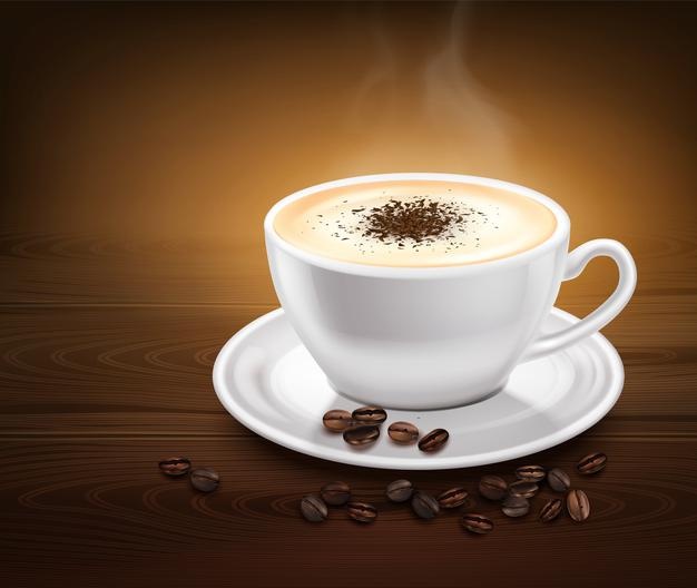 White cup of hot coffee with cinnamon on saucer and beans on wooden table realistic Free Vector