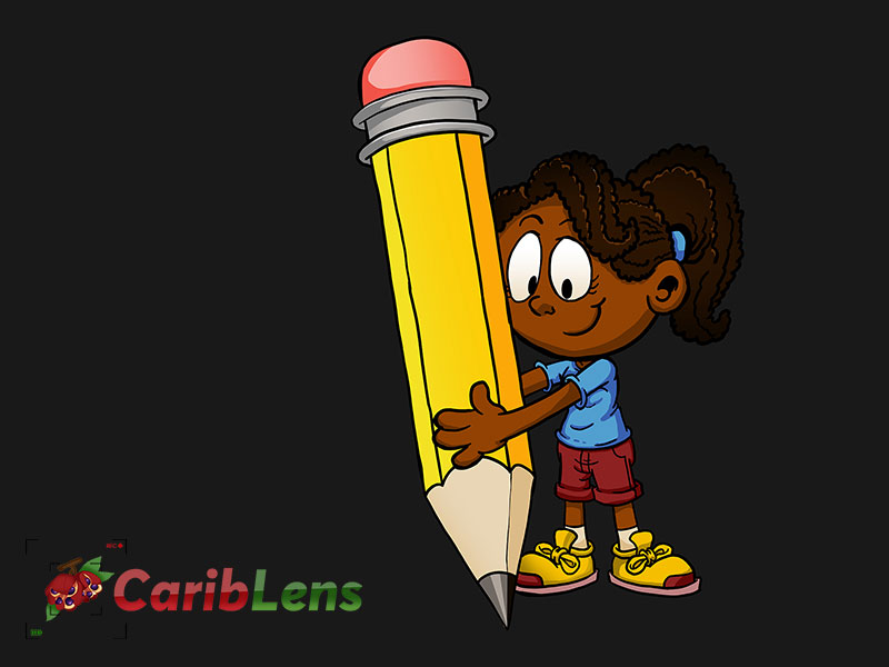 Cartoon African Black Girl Writing With A Big Pencil On The Ground
