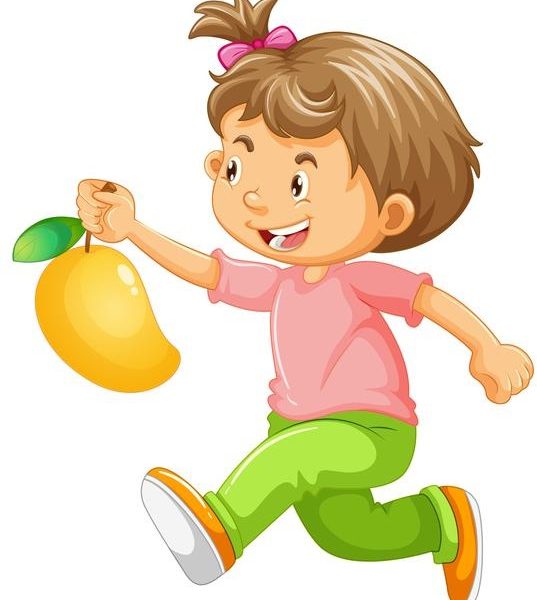 A boy holding mango fruit cartoon character isolated on white Free Vector