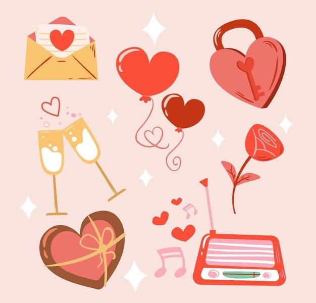 Collection of drawn valentine’s day elements Free Vector