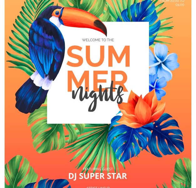 Colorful summer nights poster template with toucan Free Psd Colorful summer nights poster template with toucan Free Psd