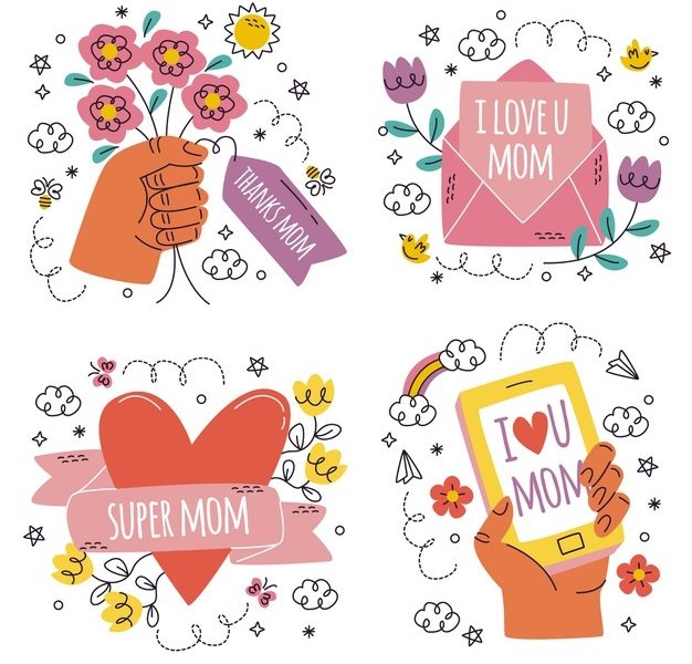 Doodle hand drawn happy mothers day stickers collection Free Vector