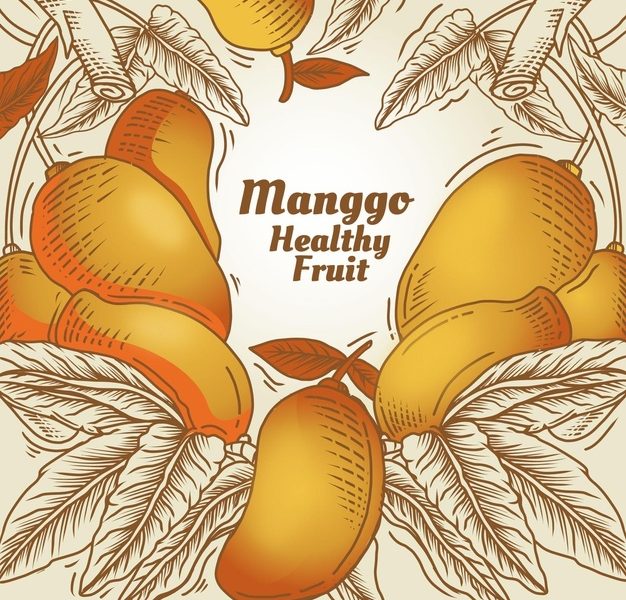 Drawn mango fruits with leaves Free Vector