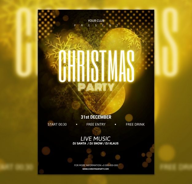 Elegant golden and black christmas party poster mockup Free Psd