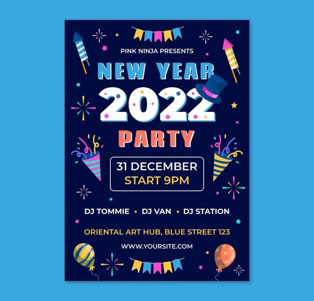 Flat new year party flyer template Free Vector