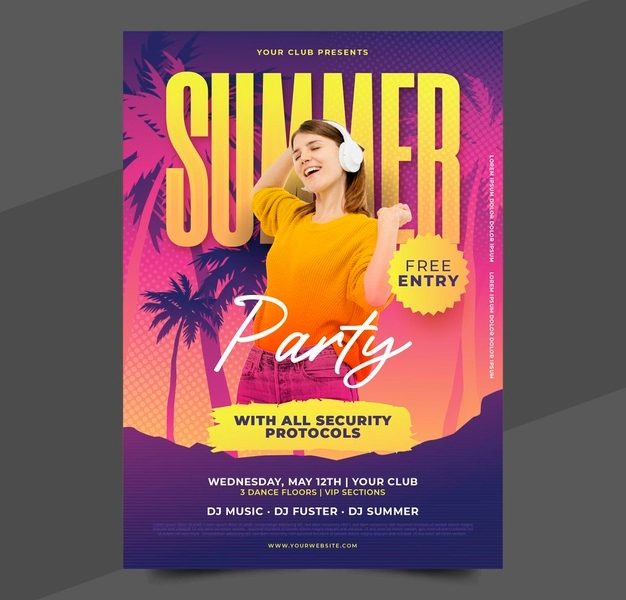 Flat summer party vertical poster template with photo Free Vector