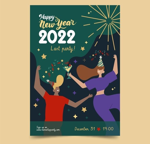Hand drawn flat new year party flyer template Free Vector