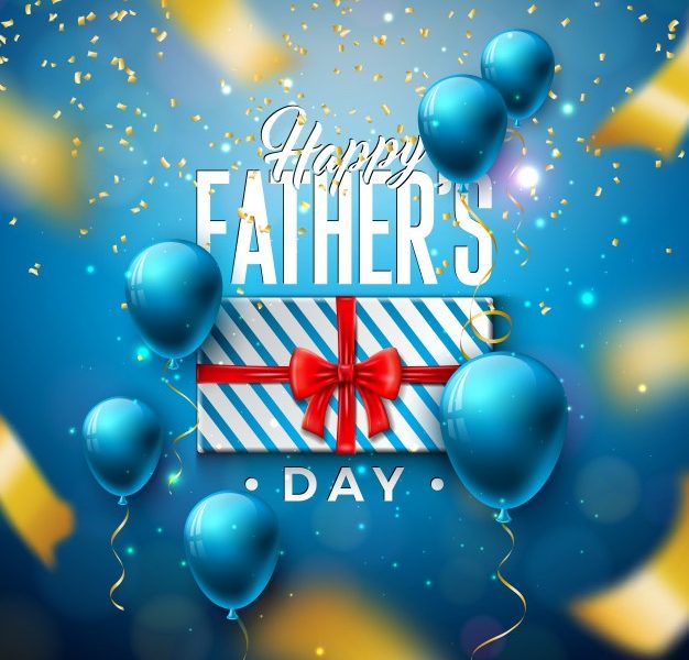 Happy father’s day greeting card design with gift box and falling confetti Free Vector