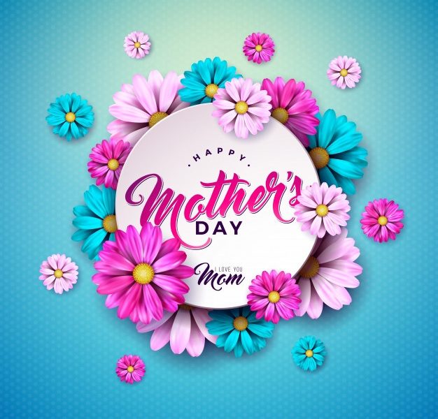 Happy mother’s day greeting card design with flower and typography letter on blue background. celebration illustration template for banner, flyer, invitation, brochure, poster. Free Vector