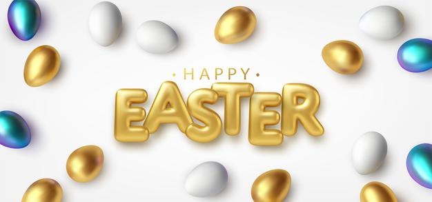 Modern Trendy Golden Metallic Shiny Typography Happy Easter Background Easter Eggs 3d Realistic Lettering Design Flyers Leaflets Posters Cards Vector Illustration Eps10 87521 2803