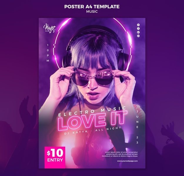 Neon poster template for electronic music with female dj Free Psd