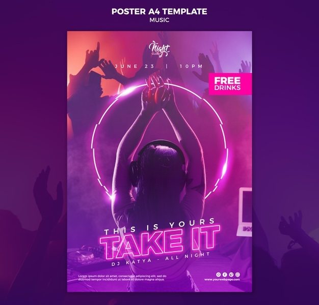 Neon poster template for electronic music with female dj Free Psd