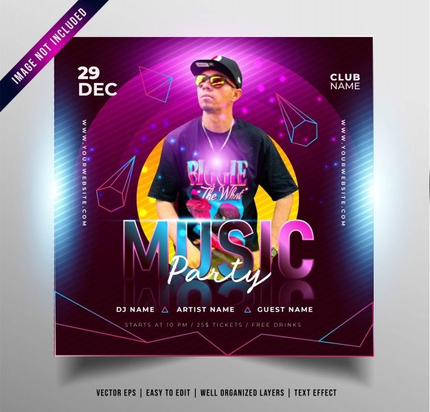 Night music party banner for social media promotion Free Vector