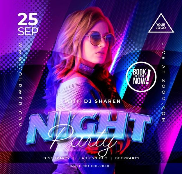 Night party music banner for social media template Free Vector