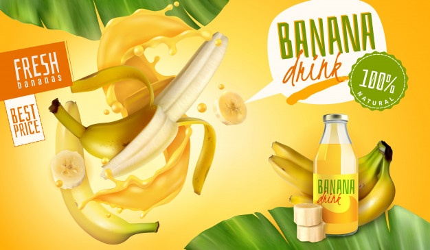 Realistic Banana Juice Packaging Ads With Thought Bubbles Editable Text With Fruits Leaves 1284 29365