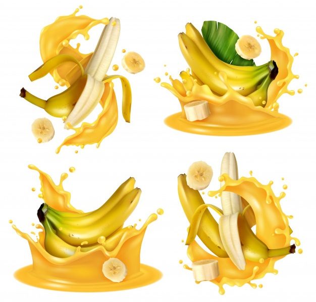 Realistic banana juice splash set with four isolated images of banana fruits floating in yellow liquid Free Vector Realistic banana juice splash set with four isolated images of banana fruits floating in yellow liquid Free Vector