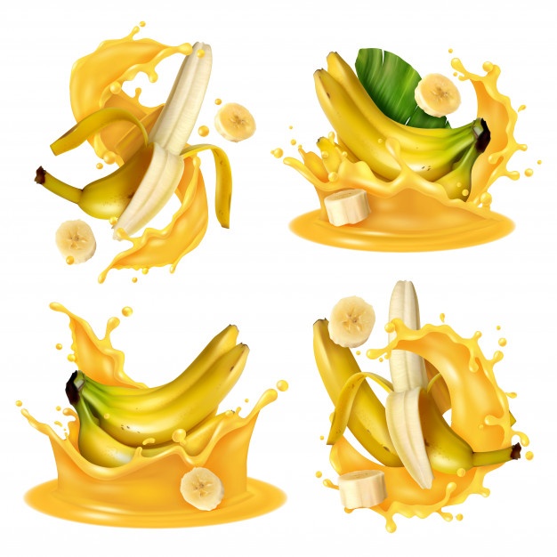 Realistic Banana Juice Splash Set With Four Isolated Images Banana Fruits Floating Yellow Liquid 1284 29362