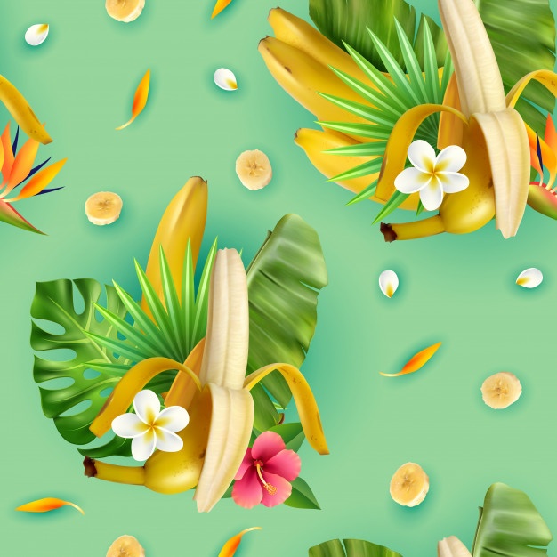 Realistic Banana Pattern With Compositions Banana Fruit Tropical Leavrs Flowers Slices With Turquoise 1284 29363