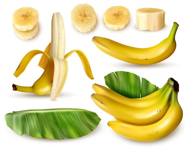 Realistic Banana Set With Various Isolated Images Fresh Banana Fruit With Skin Leaves Slices 1284 29361