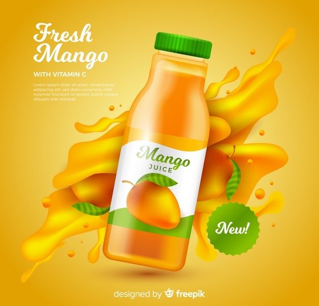 Realistic mango juice ad template Free Vector