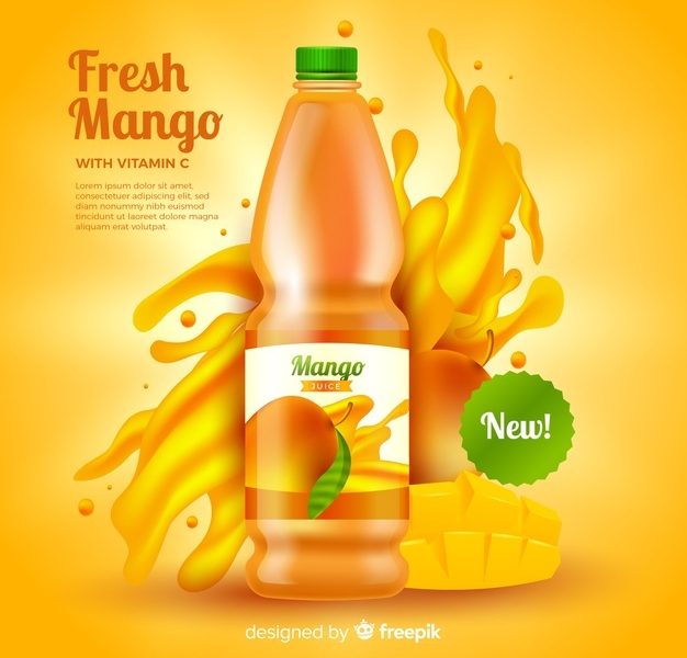 Realistic mango juice ad template Free Vector