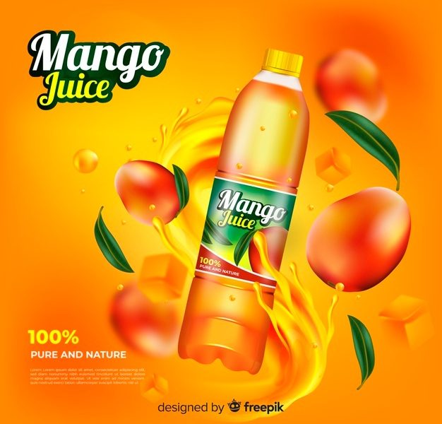 Realistic mango juice ad template Free Vector